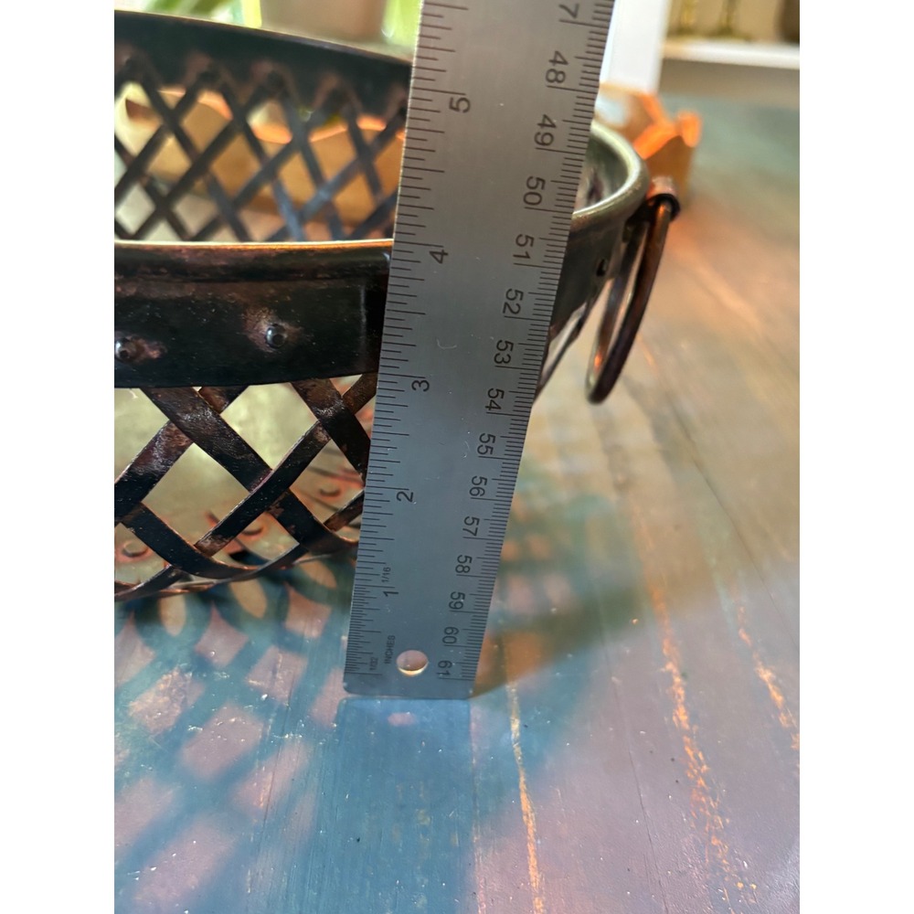 VTG Woven Metal Basket Bronze Copper Patina Round Fruit Bowl Ring Handle - Picture 7 of 8